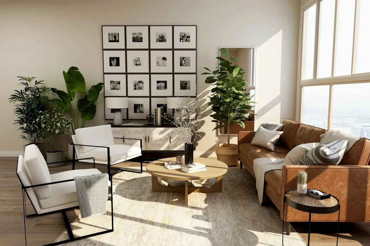 A bright interior with furniture and open floor space