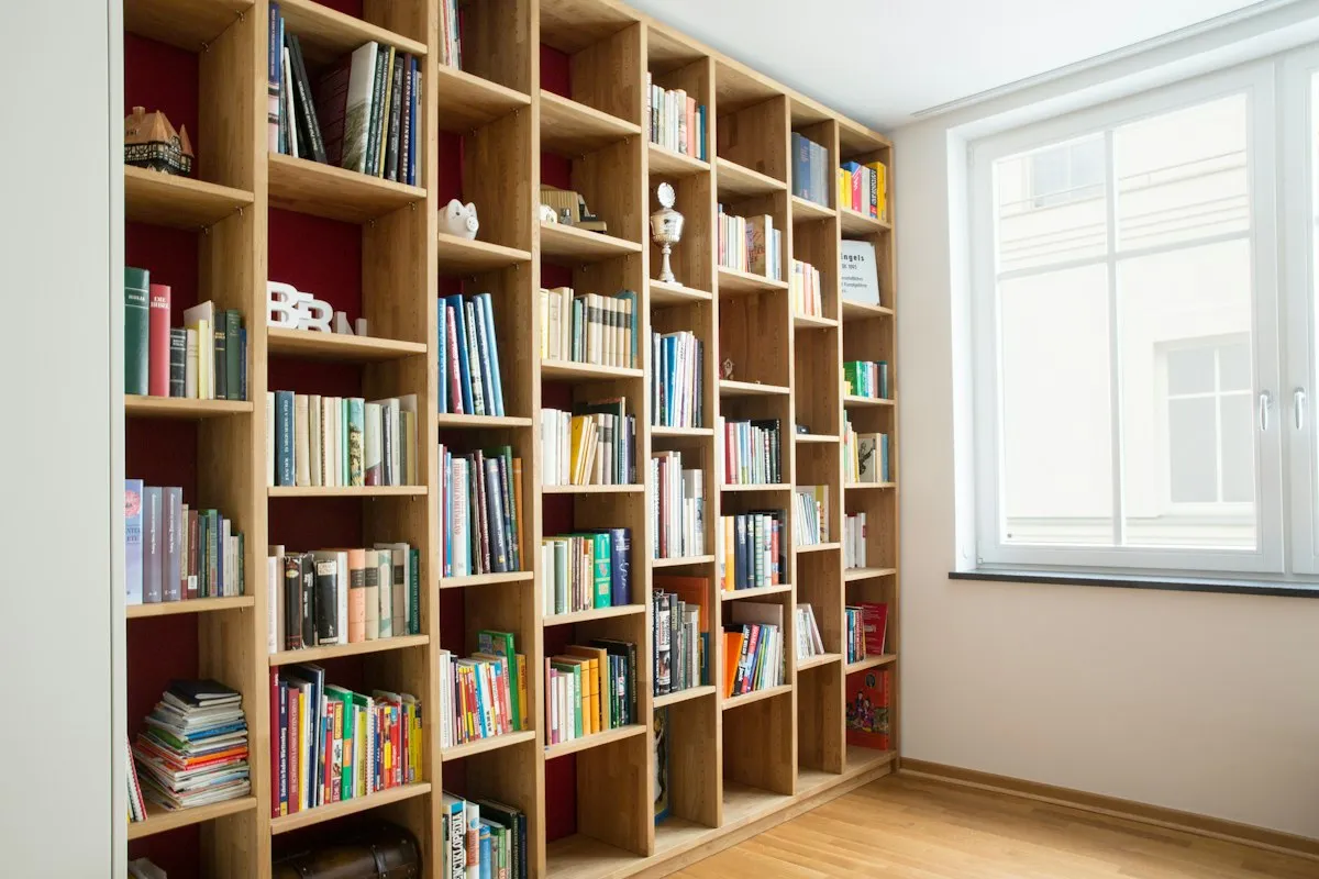 Books and objects arranged on shelving